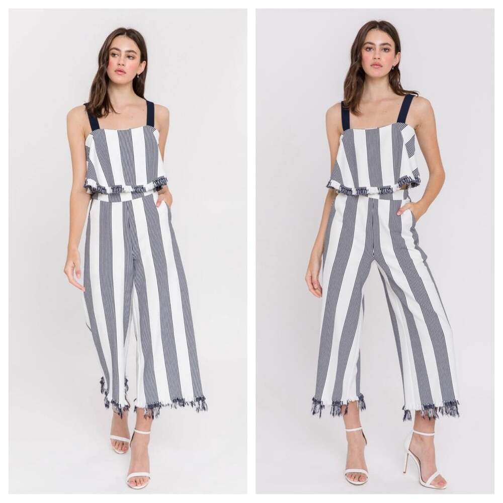 ENGLISH FACTORY Women’s Stripe Fringe Hem Wide Leg Crop Pants Flowy Tank Top
